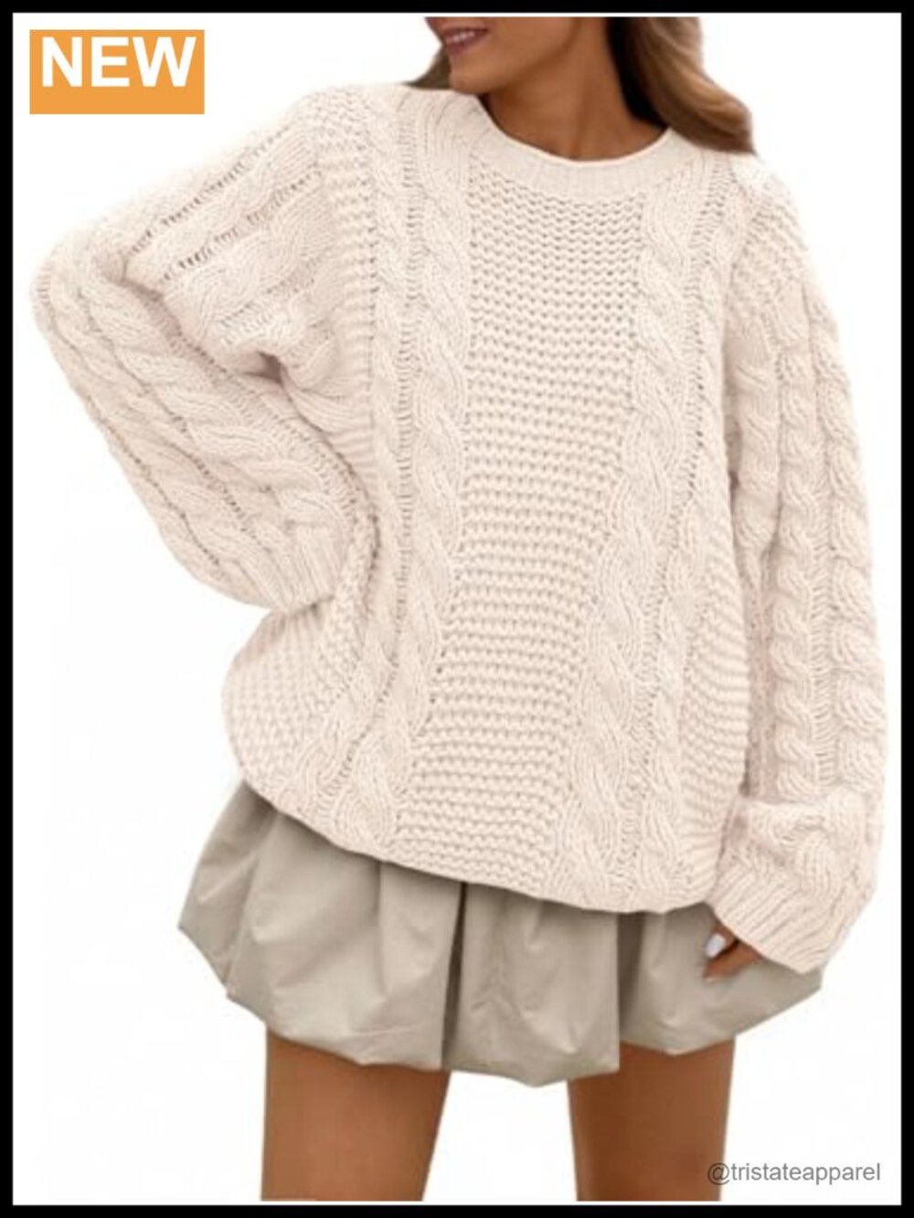Oversized Cable Knit Sweater Women's Cozy Crew Neck Pullover Fall Winter